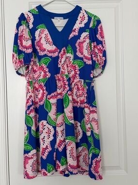 Mary Square Riley Midi Dress Petal Tango Blue Floral Medium Kentucky Derby Dress